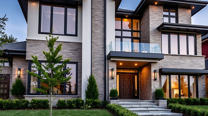 Obraz premium Luxury Modern Home Exterior: Brick Facade, Contemporary Design, Evening Lighting