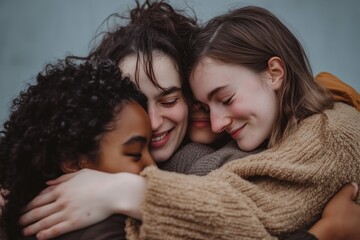 Four friends hugging joyfully, symbolizing human unity