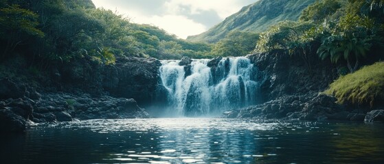Serene waterfall cascading into a tranquil pool surrounded by lush greenery and mountains