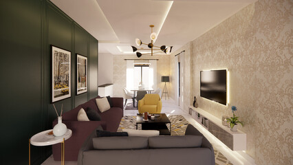 This high-quality 3D rendering is ideal for illustrating interior design proposals, architectural presentations, and lifestyle content related to home living and social spaces.