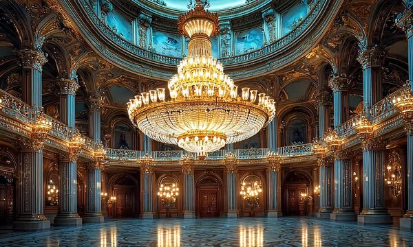 Grand Ballroom with Opulent Chandelier and Gilded Architecture