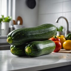A fresh zucchini, side view, placed on a clean white cutting board, blurred kitchen background.