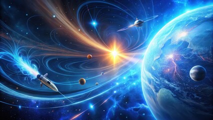 Obraz premium A Futuristic Spaceship Navigates a Celestial Tapestry of Vibrant Nebulae, Planets, and Star Systems