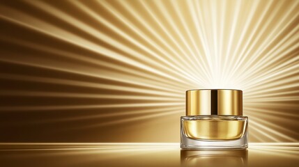 Elegant Gold Cosmetic Jar with Radiant Light Background, Ideal for Beauty and Skincare Marketing, Luxury Products, and Promotional Material in the Cosmetic Industry