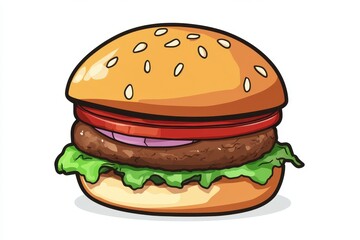 Double burger with lettuce, tomato, and onion on a sesame seed bun . A hamburger placed on a sleek black plate, showcasing its layers and toppings in an appetizing presentation.