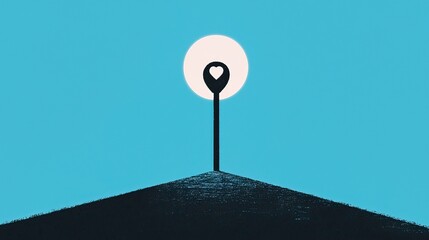 A minimalist design featuring a heart-shaped keyhole against a blue background, symbolizing love, connection, and discovery.