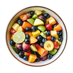 A colorful bowl of rainbow fruit salad with honey lime dressing, isolated white background, realistic art style