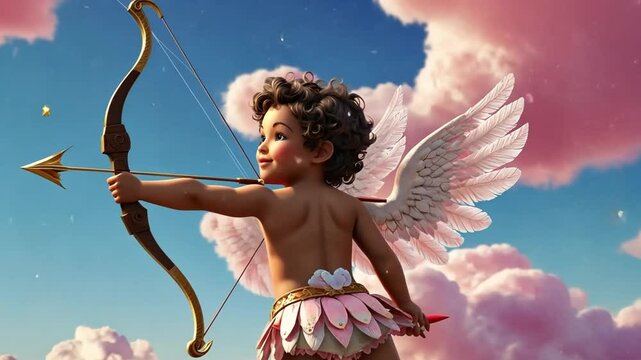 A whimsical illustration of Cupid flying in a pastel sky, aiming his bow. Fluffy clouds, sparkling stars, and floating hearts surround him, creating a dreamy and magical atmosphere