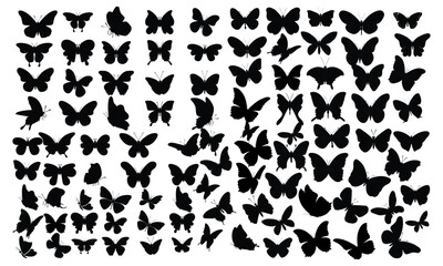 Fototapeta premium Papillon silhouette, Mariposa butterfly wing, moth wings silhouettes and spring flower butterflies isolated set