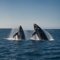 Two whales breaching together in the middle of a vast ocean.