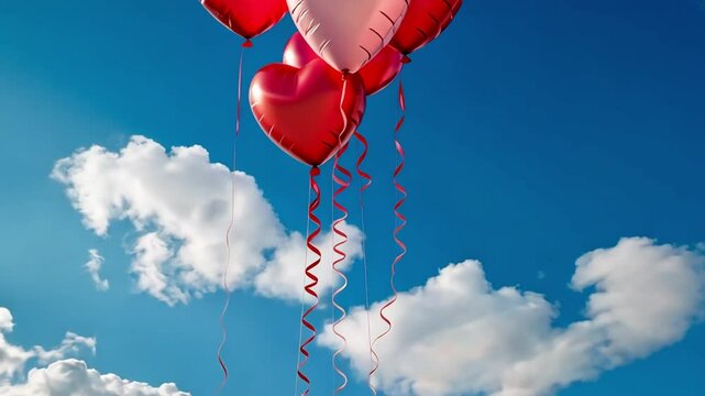 A cheerful cluster of red and pink heart-shaped balloons floats in a light blue sky with fluffy white clouds, symbolizing love and joy in a bright, uplifting design.