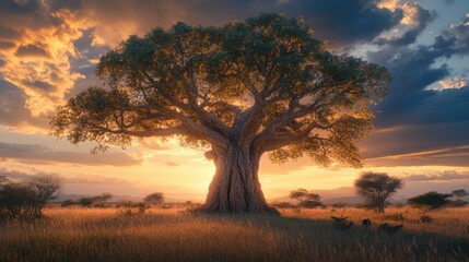 Majestic ancient tree standing tall against a vibrant sunset in a serene savanna landscape