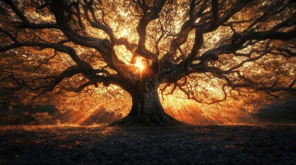 Majestic ancient tree with sprawling branches illuminated by golden sunlight in a serene forest setting