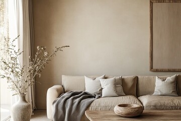 Soft Daylight Living Room with Frame Mockup and Wooden Details