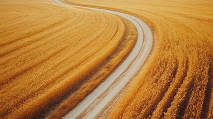 Aerial View of a Serene Countryside Road Winding Through Golden Wheat Fields