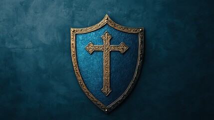 A decorative shield featuring a cross, set against a textured blue background, symbolizing protection and faith.