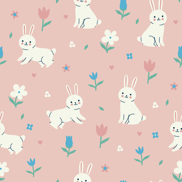 Simple seamless pattern with cute rabbits and flowers in pastel colors. Vector graphics.