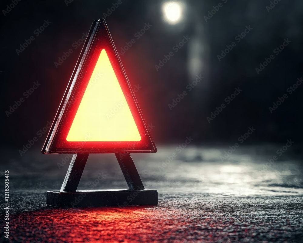 Poster Illuminated warning sign on the road. AI.