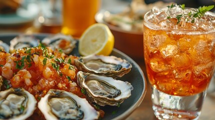 Diners savor a fresh selection of oysters and seafood alongside refreshing cocktails in a lively outdoor atmosphere filled with sunshine and laughter