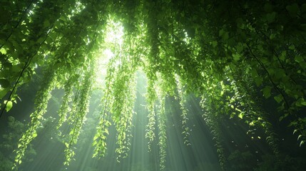 Lush green vines cascading down from a canopy, illuminated by soft sunlight in a serene forest