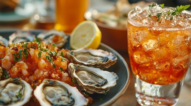 Diners savor a fresh selection of oysters and seafood alongside refreshing cocktails in a lively outdoor atmosphere filled with sunshine and laughter