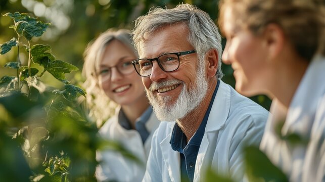 Smiling Senior Male Scientist and Young Female Researchers Analyzing Plants in Modern Greenhouse for Agricultural Innovation