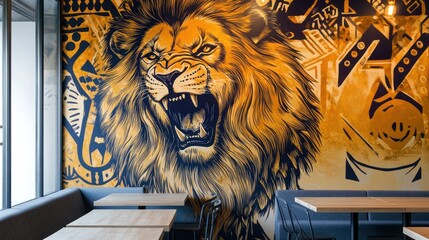 Roar of the King: A Majestic Lion Mural in a Modern Cafe Setting