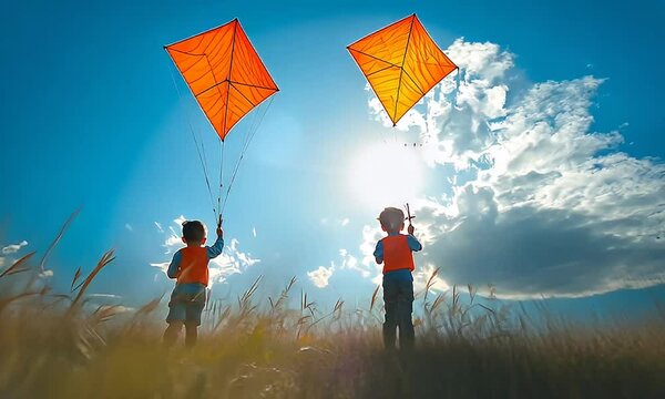 Two boys fly vibrant orange kites in a sunny, grassy field under a bright blue sky.