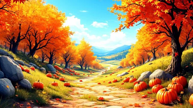 Breathtaking Autumn Landscape with Vibrant Orange Foliage and Pumpkin Patch