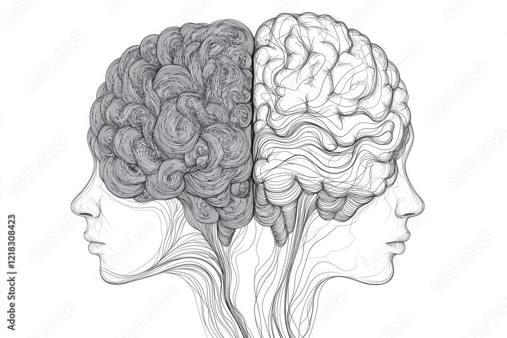 Poster art depicting creativity and logic in the human brain concept, illustrating chaos and order through 