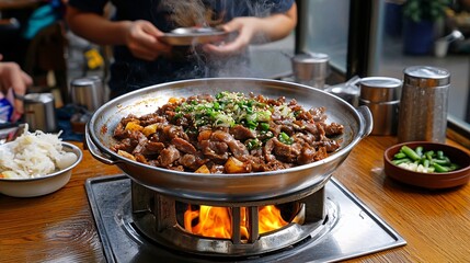Korean food concept. A sizzling dish of meat and vegetables garnished with herbs, served at a table, emanating steam and warmth.