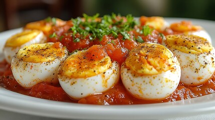 Spicy Tomato and Egg Dish:  Halved hard-boiled eggs nestled in a vibrant tomato sauce, seasoned with aromatic spices, creating a flavorful and visually appealing culinary scene. 
