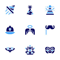 Costume party icon set. Bold style. Duotone colors. party hat, firefighter helmet, angel, mustache, carnival mask