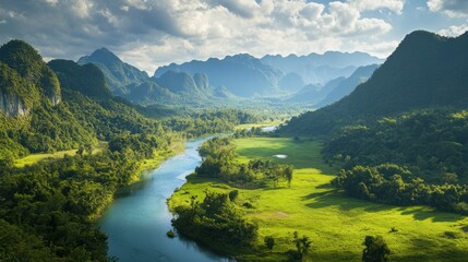 Serene River Valley Landscape in Lush Mountains