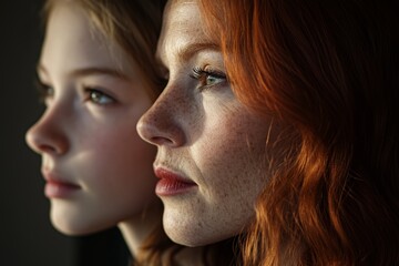 Fototapeta premium Side view of mother and daughter’s faces, symbolizing generational differences