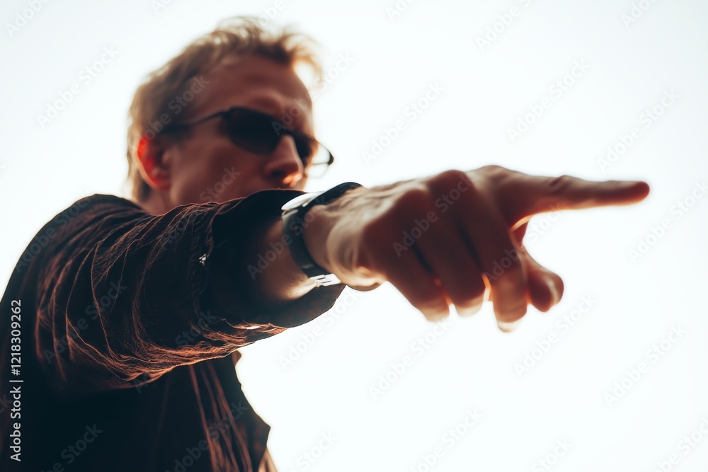 Aufkleber hand of a man gesturing towards an object against a white backdrop, closeup view