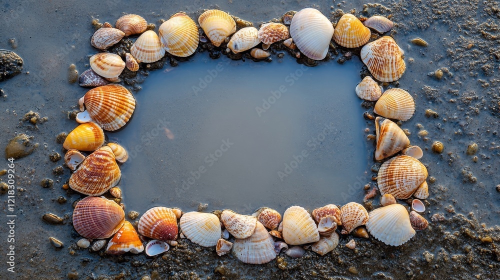 Poster seashells arranged in a square around a puddle