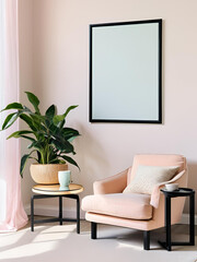 Empty frame mockup with a black edge border, ISO A paper size. Living room wall poster empty mockup. Interior scene featuring a house background. Modern interior design setting. Realistic 3D render.