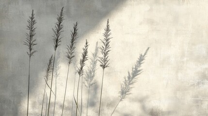 Fototapeta premium Dried grasses cast shadows on a textured wall
