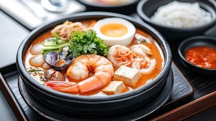 Korean food concept. A vibrant seafood stew with shrimp, tofu, and vegetables, garnished with herbs and a boiled egg, served in a black bowl.