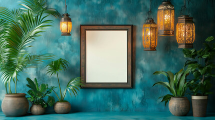 Empty frame mockup hanging on teal wall with potted plants and moroccan lanterns