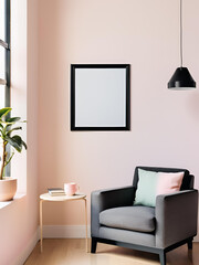 Empty frame mockup with a black edge border, ISO A paper size. Living room wall poster empty mockup. Interior scene featuring a house background. Modern interior design setting. Realistic 3D render.