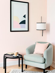 Empty frame mockup with a black edge border, ISO A paper size. Living room wall poster empty mockup. Interior scene featuring a house background. Modern interior design setting. Realistic 3D render.