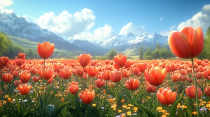 Vibrant orange tulips in a field against a majestic snow-capped mountain backdrop under a sunny sky.