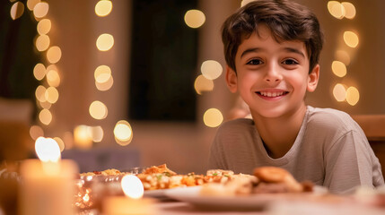 Naklejka premium Muslim boy enjoying festive dinner during ramadan celebration