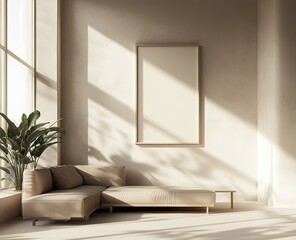 Minimalist Living Room with Beige Sofa and Mockup Frame on Wall