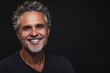 Obraz premium Middle-aged man with a confident and cheerful smile displaying his teeth against dark backdrop