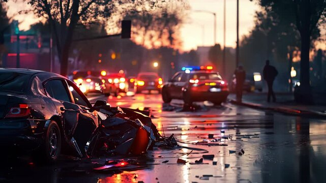 A nighttime city street scene featuring a severe car crash with police presence and scattered debris illuminated by streetlights.