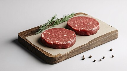 Two fresh burger patties with rosemary and peppercorns on cutting board