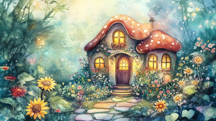 Fototapeta premium Fairytale mushroom house in a mysterious forest land, A magical village features an enchanted cottage adorned with bountiful flowers, abstract background with colorful flowers and house.